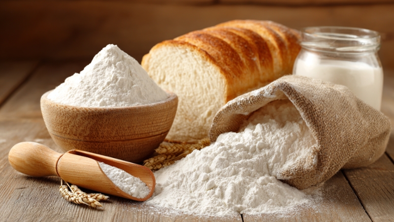 Belo brašno i beli hleb na stolu, uz posudu sa brašnom i mericu