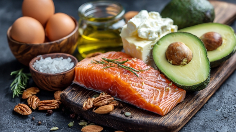 Keto namirnice poput lososa, avokada, jaja, maslinovog ulja i orašastih plodova na drvenoj dasci